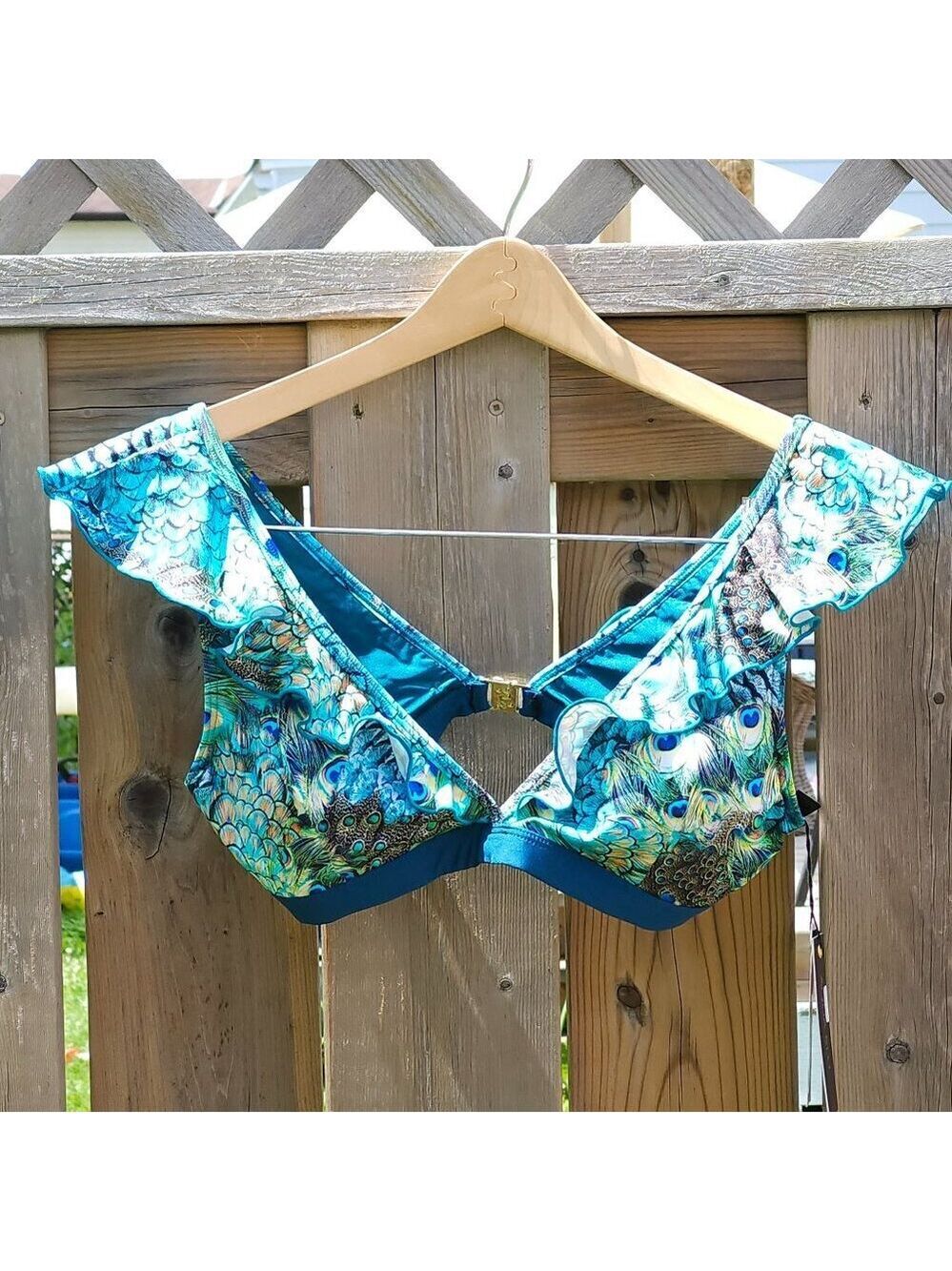 SEXY AQUA BLU Austrailia Peacock Ruffle Swim Top Women's Size 8 BNWT